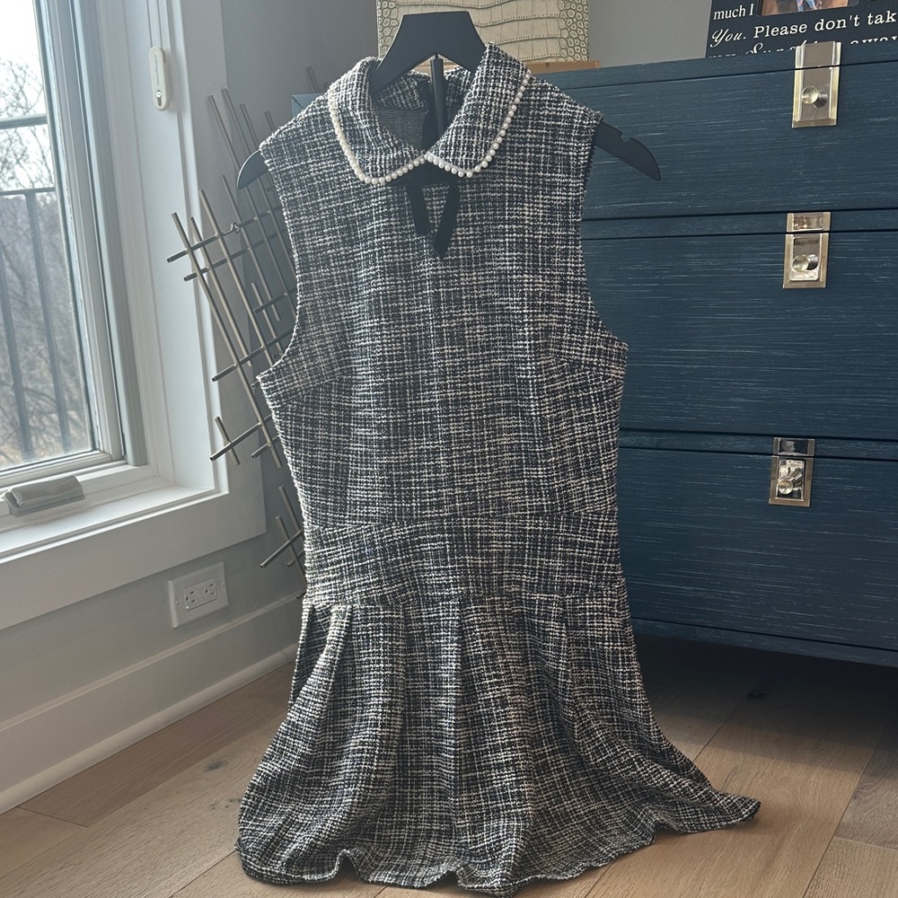 City Triangles Sleeveless Tweed Pearl Collar Dress - Black & White